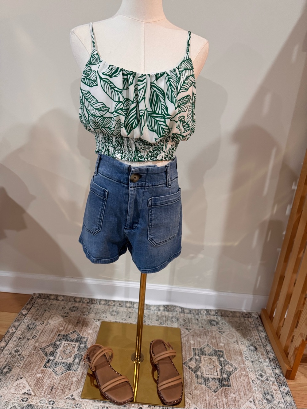 Allie Rose green tropical leaf smocked crop cami top